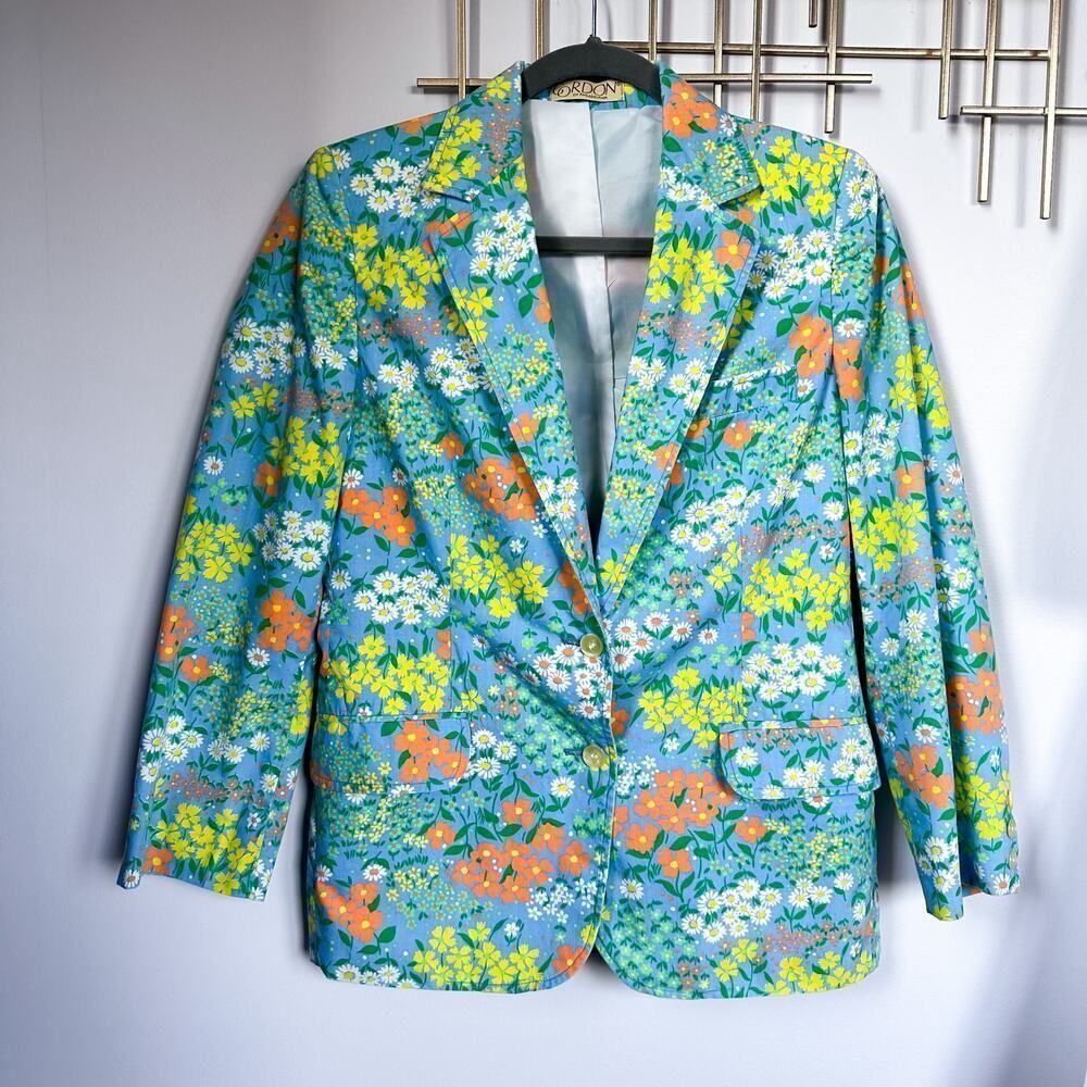 Vintage Flower Power Blue Orange Cotton Blazer Size Small